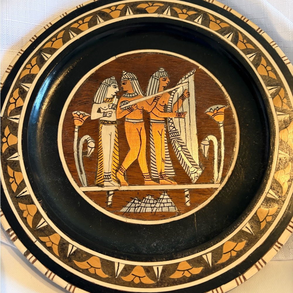Vintage Egyptian Inlaid Wood Plate 8” Wall Decor Pharaoh Harp Pyramid Boho